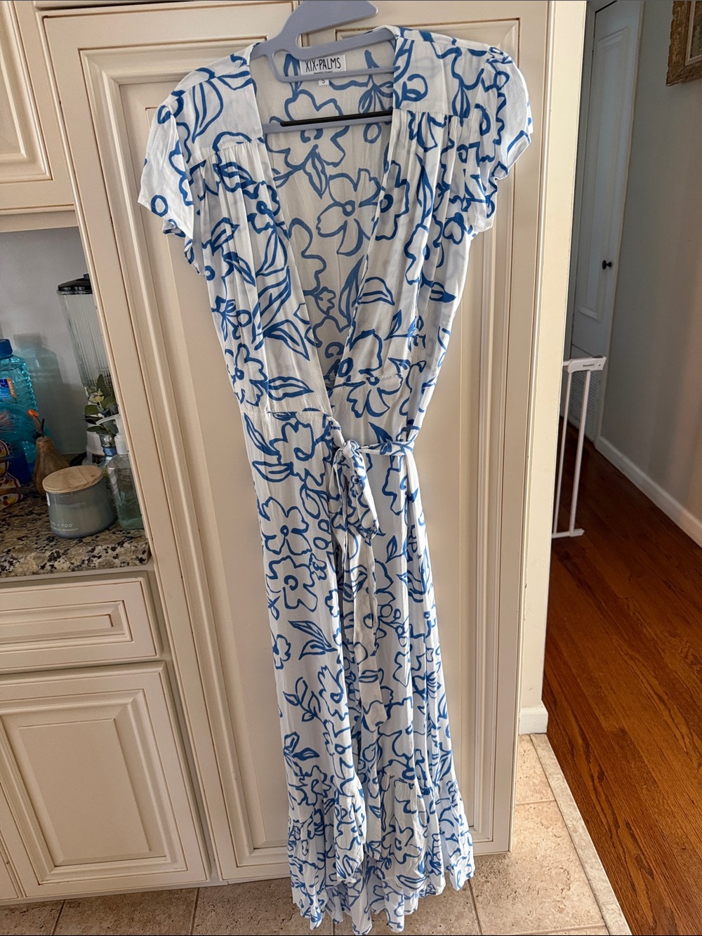 XiX Palms  White Maxi Dress with Blue Floral Sketch Print size S